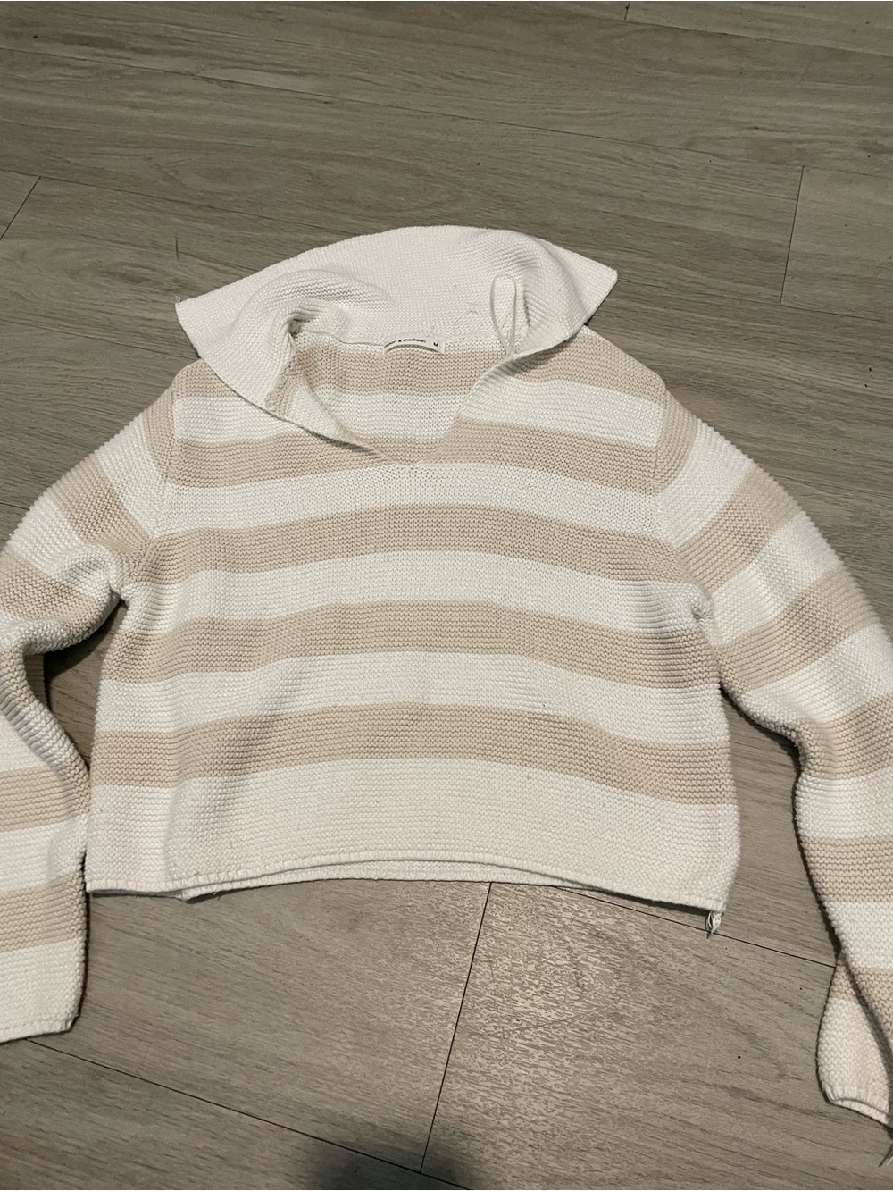 moon & madison Cream and Beige Striped V-Neck Hooded Sweater